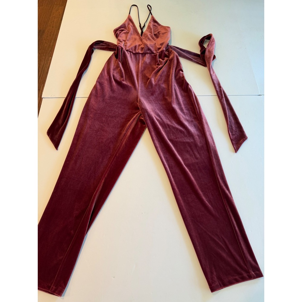 Express Velvet Wide Leg Jumpsuit Mauve Pink V-Neck Wrap Tie Waist Womens 6